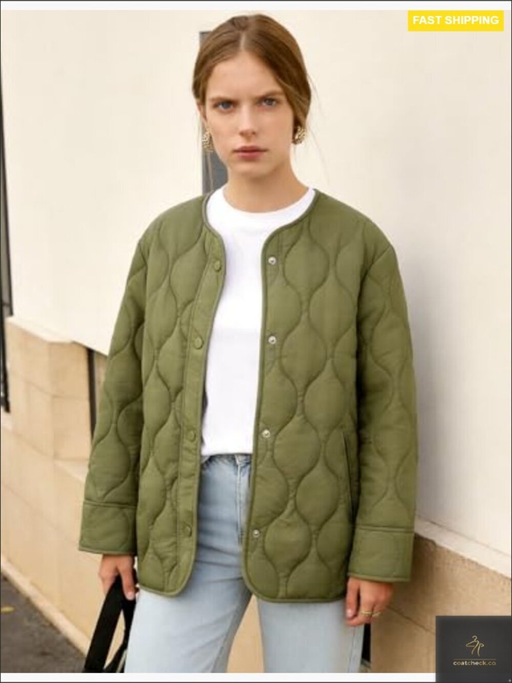 Oversized Quilted Lightweight Jacket Button Down Puffer Padded Outerwear with - Picture 3 of 7